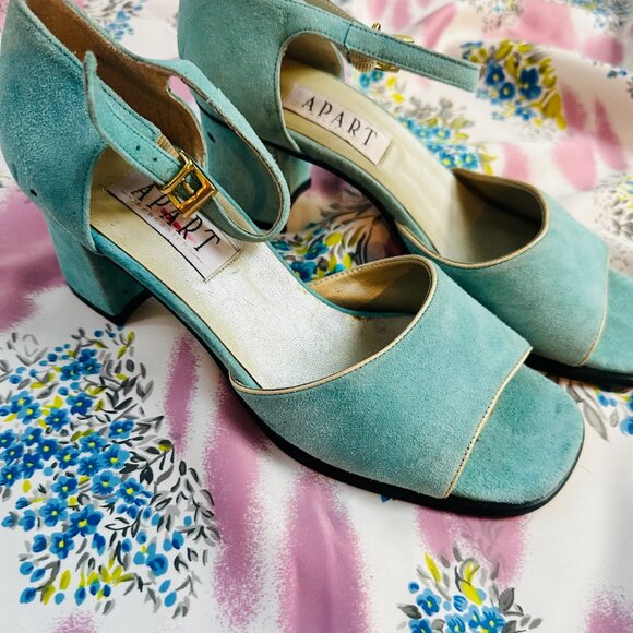 Vintage Y2K Light Blue Suede Chunky Heels Women's Size 8 Peep Toe Party Prom - Picture 3 of 5